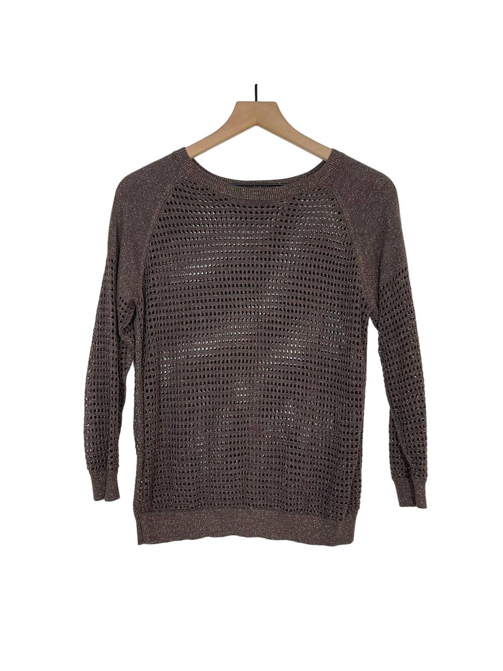 Express Sweater Women's Size Small Brown Metallic Open Knit Crochet Pullover Y2K
